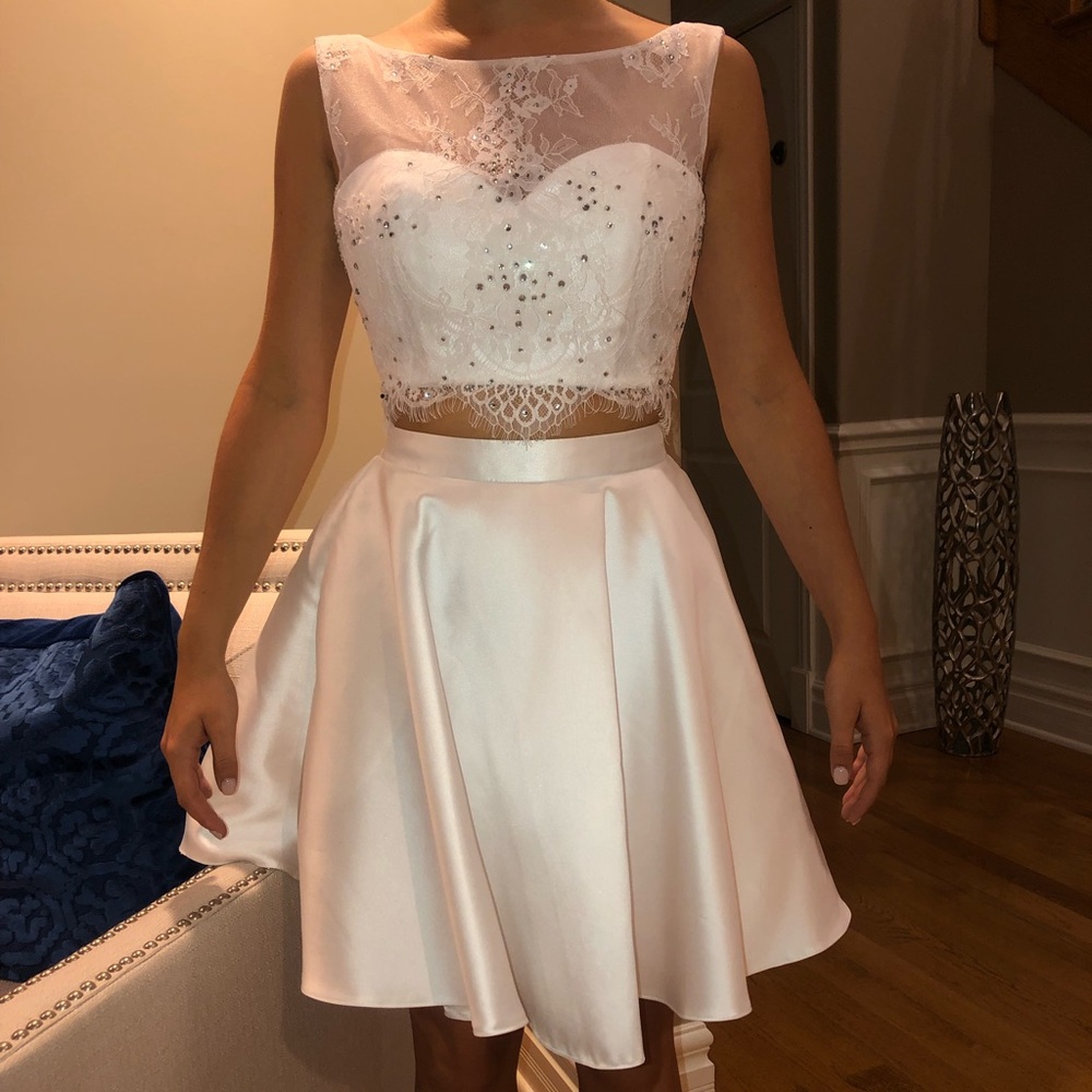 White Two-Piece Lace & Satin Cocktail Dress